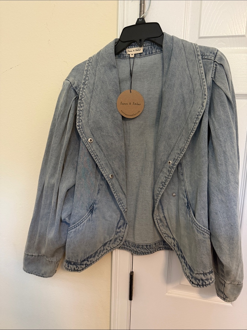 Lauren & Amber Light Blue Denim Jacket with Shawl Collar